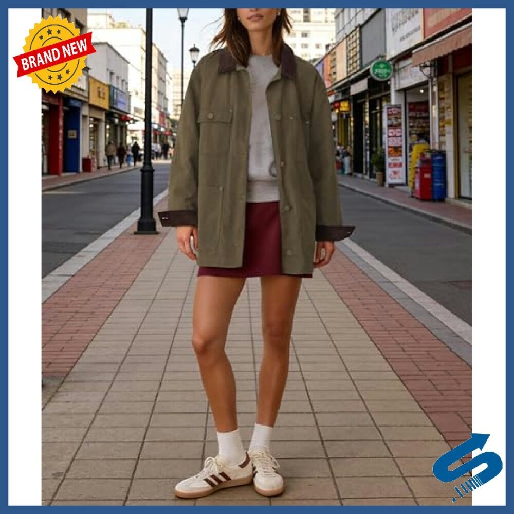 Oversized Cotton Utility Jacket with Corduroy Collar & Pockets - Picture 6 of 8